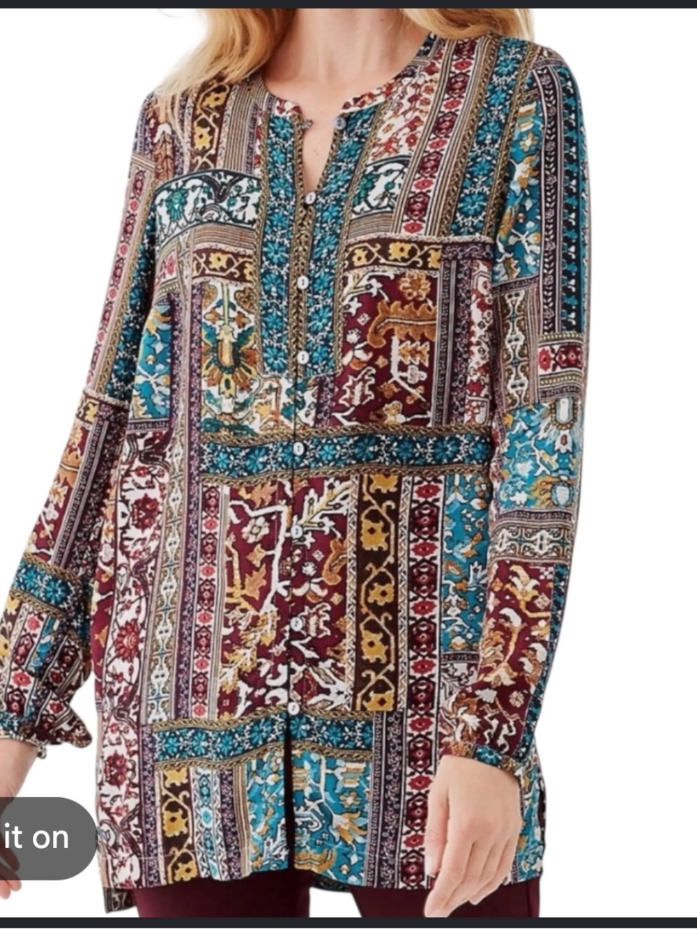J Jill mixed print tunic top medium button front long sleeve lightweight